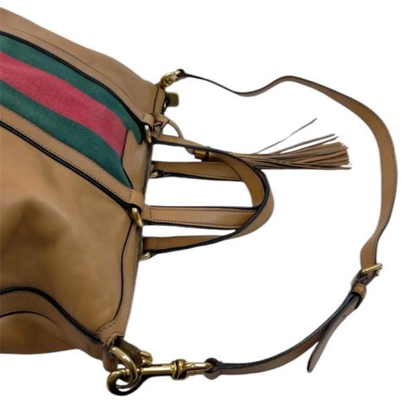 Auth Gucci Camel Brown Leather Web Sherry pqLine 2way Rania Boston Doctor Duffle - Picture 6 of 9